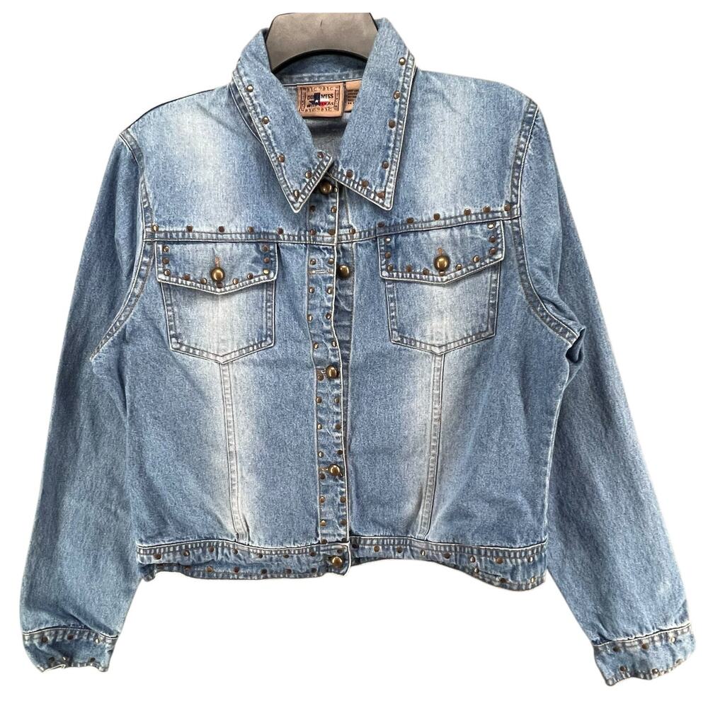 Don't Mess With Texas Jean‎ Jacket Womens XL Blue Denim Studded Western Cowgirl